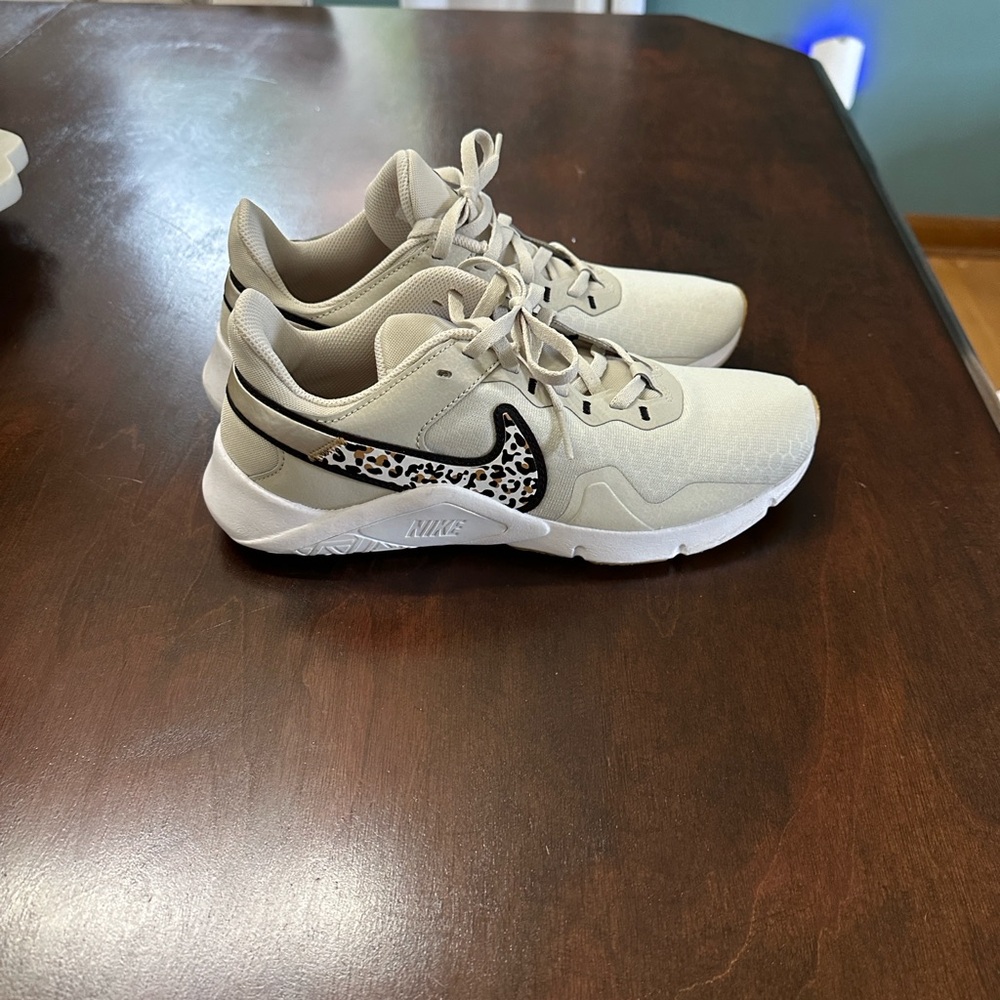 Nike Kids Cream Sneakers with Black and Leopard Swoosh